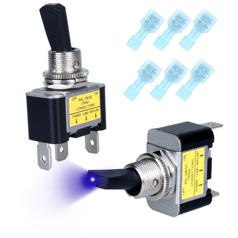 DMWD 2pcs LED Lighted Rocker Toggle Switch 12V 30A SPST ON/Off 3-Pin Metal Bakelite Housing with Terminals for Car Truck Boat (Blue) - Image 1